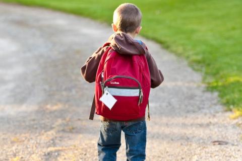 Boy walking to school with backpack