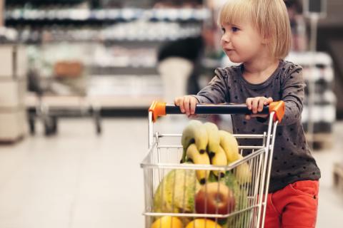 Talking to children about where food comes from - girl shopping in a cart