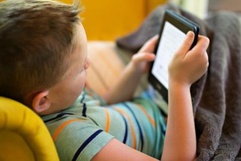 young boy on the sofa using a tablet