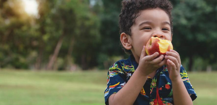 Child biting into an apple, with a green park area behind him