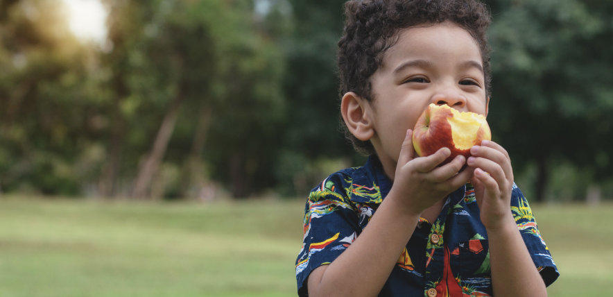 Young boy eating apple with grass and trees in the background