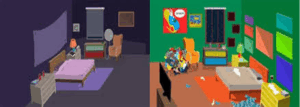 A cartoon shows two versions of a bedroom. One is tidy and painted purple, the other is messy and painted green.