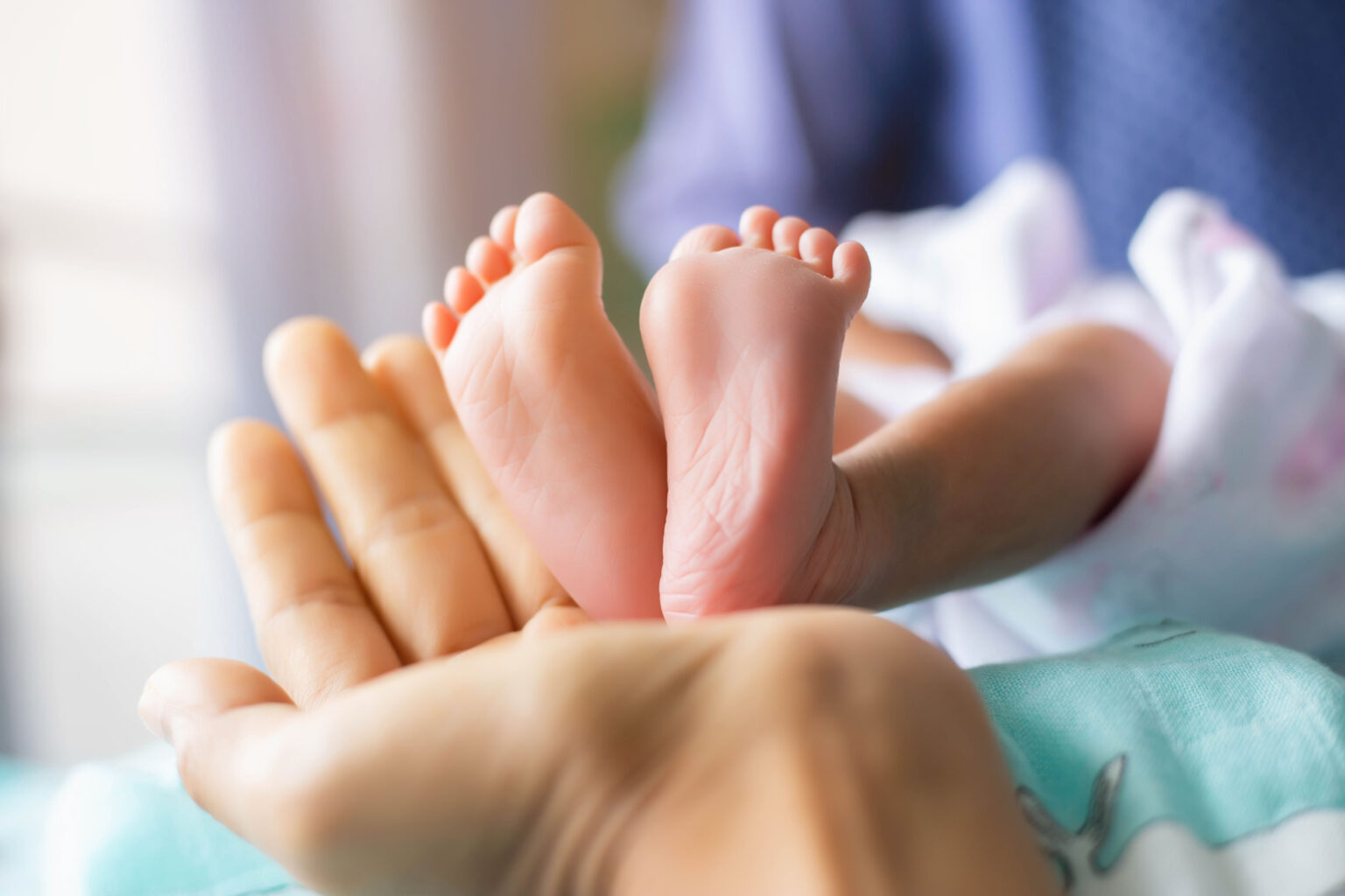 An adult hand holds the feet of a tiny baby in their palm